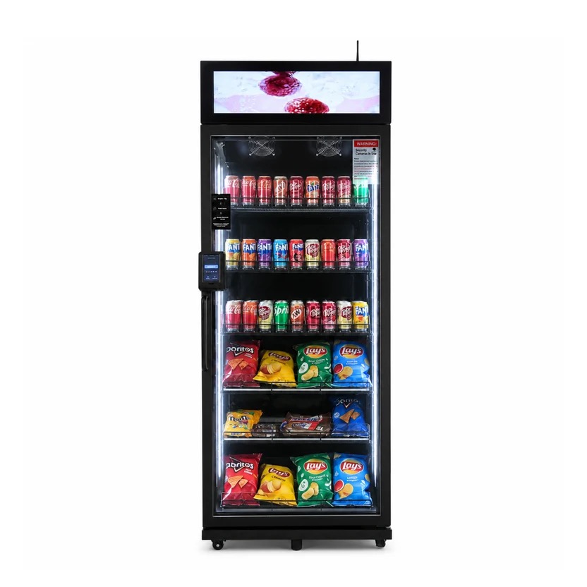 Crown & Thistle combo vending machine stocked with chips, snacks and drinks